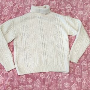 Cream Cable-Knit Turtleneck Sweater With Rhinestones - Women's